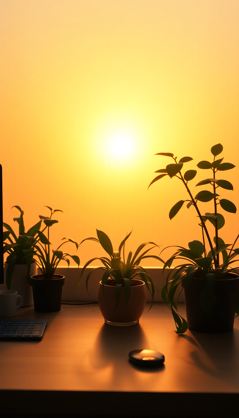 Fiery Minimalist Desk Setup Plants Photorealistic Wallpaper