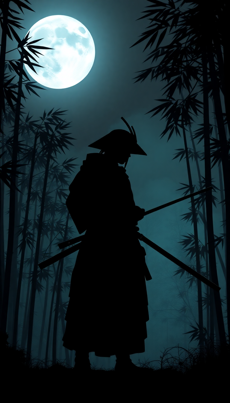 Wild Samurai Silhouette Moonlit Bamboo Digital art Wallpaper
