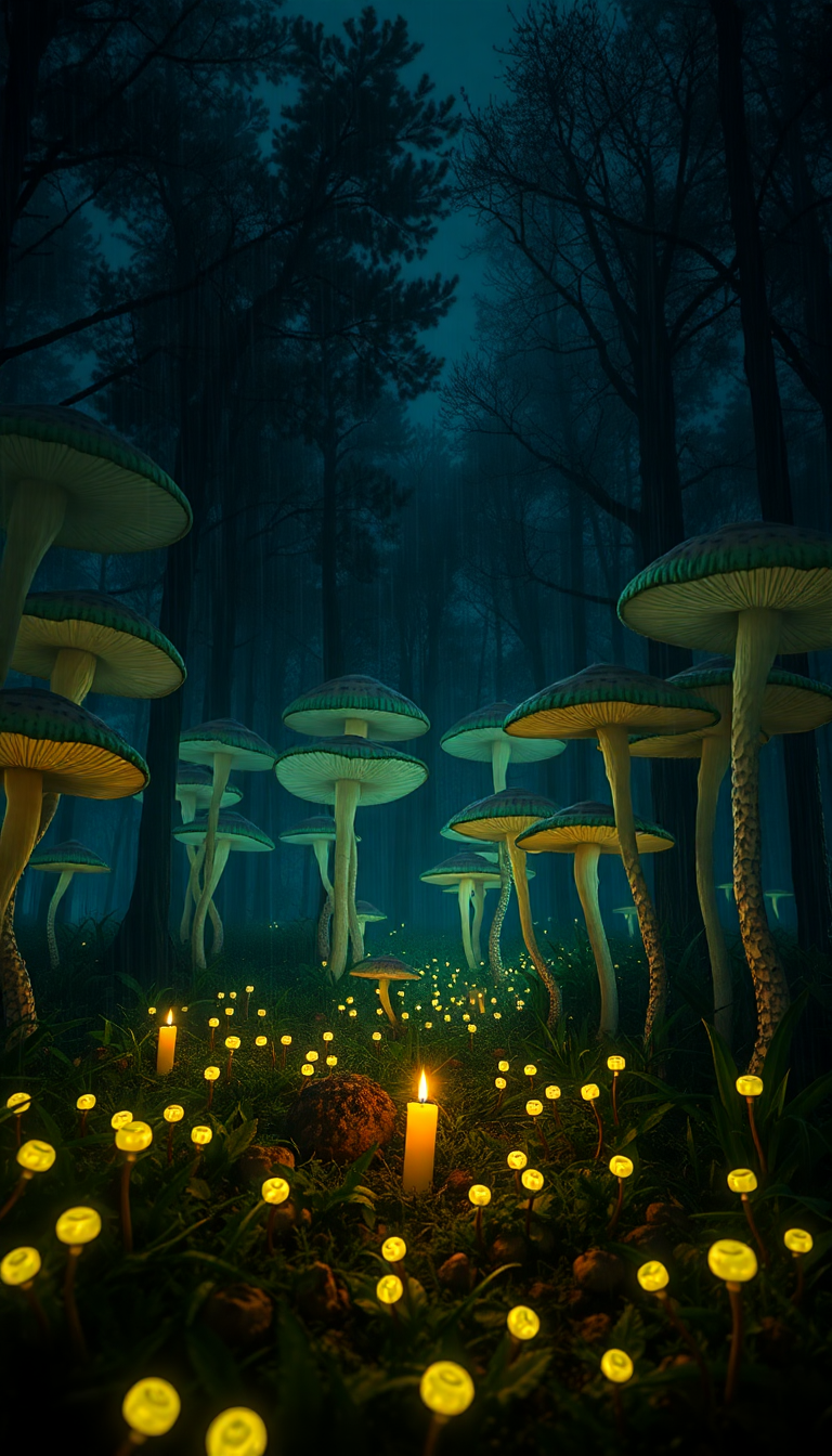 Retro Bioluminescent Mushroom Forest Night Photorealistic Wallpaper