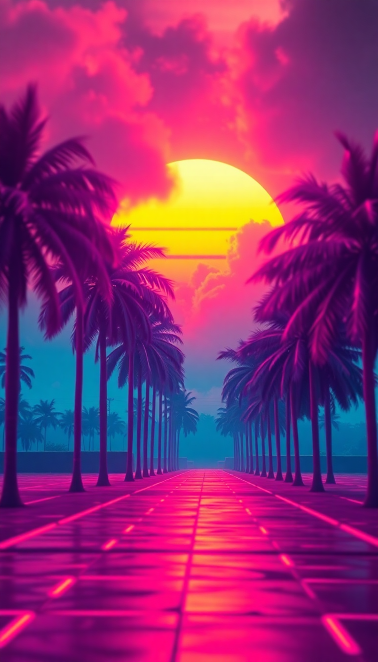 Deep 80s Synthwave Grid Sunset Digital art Wallpaper