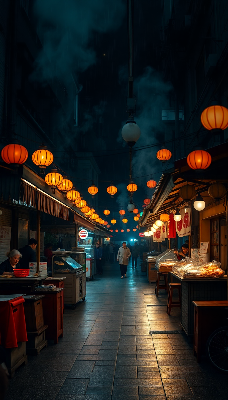 Cool Night Market Street Food Photorealistic Wallpaper