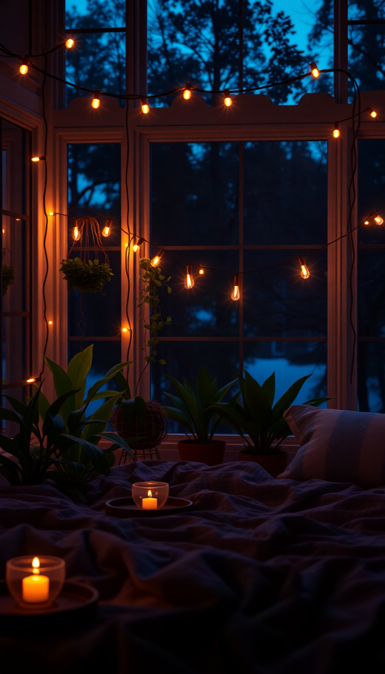 Intense Indie Bedroom Fairy Lights Photorealistic Wallpaper