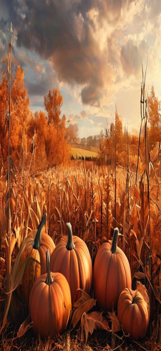 Glossy Autumn Harvest Pumpkins Corn Photorealistic Wallpaper