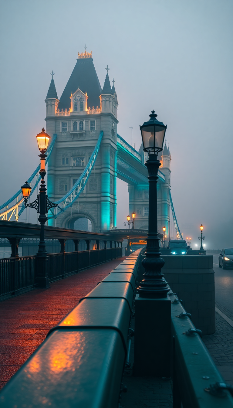 Mesmerizing Foggy London Bridge Vintage Photorealistic Wallpaper