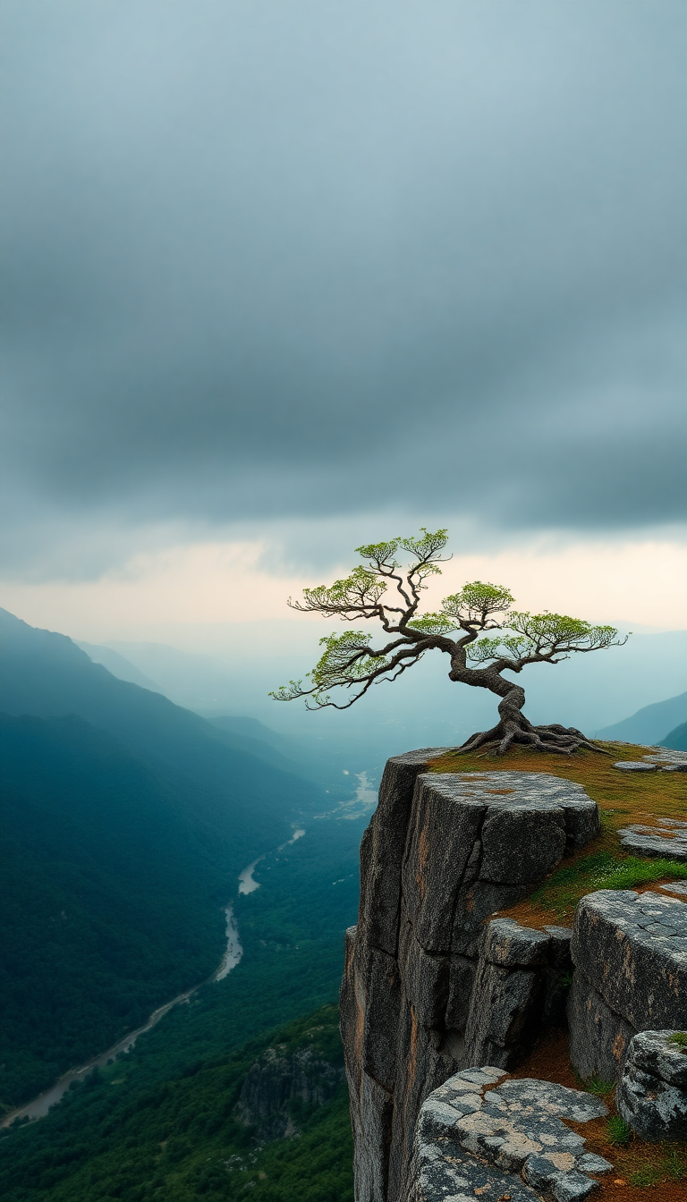 Celestial Bonsai Tree Cliff Edge Minimalist Wallpaper