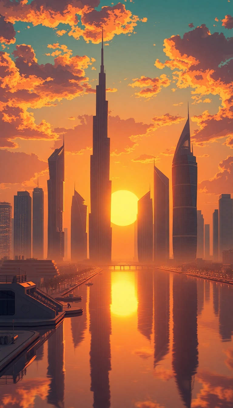 Dubai Skyline Futuristic Towers Sunset Anime Wallpaper