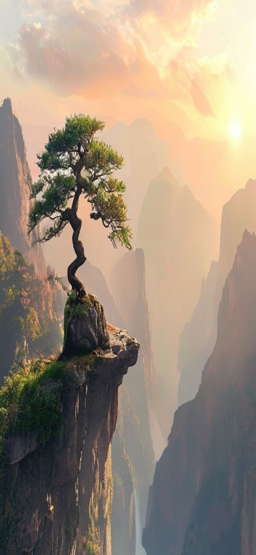 Bonsai Tree Cliff Edge Overlooking Aesthetic Wallpaper