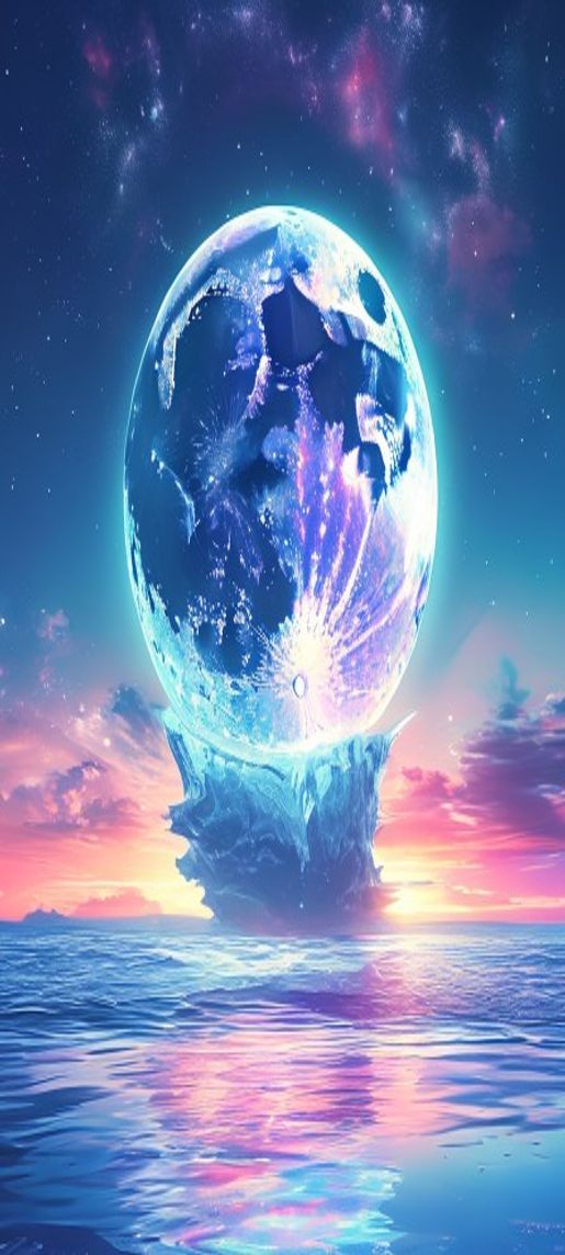 Crisp Giant Moon Touching Ocean Digital art Wallpaper