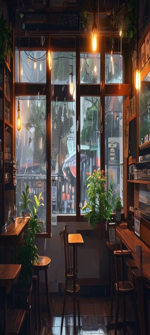 Coffee Shop Window Rain Outside Anime Wallpaper