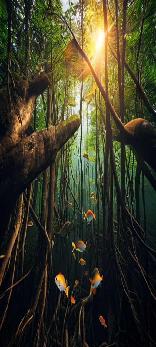 Majestic Mangrove Forest Roots Underwater Photorealistic Wallpaper