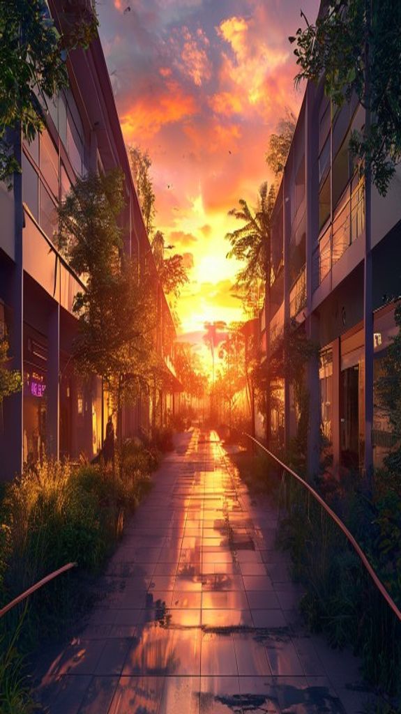 Joyful Overgrown Reclaiming Nature Sunset Photorealistic Wallpaper