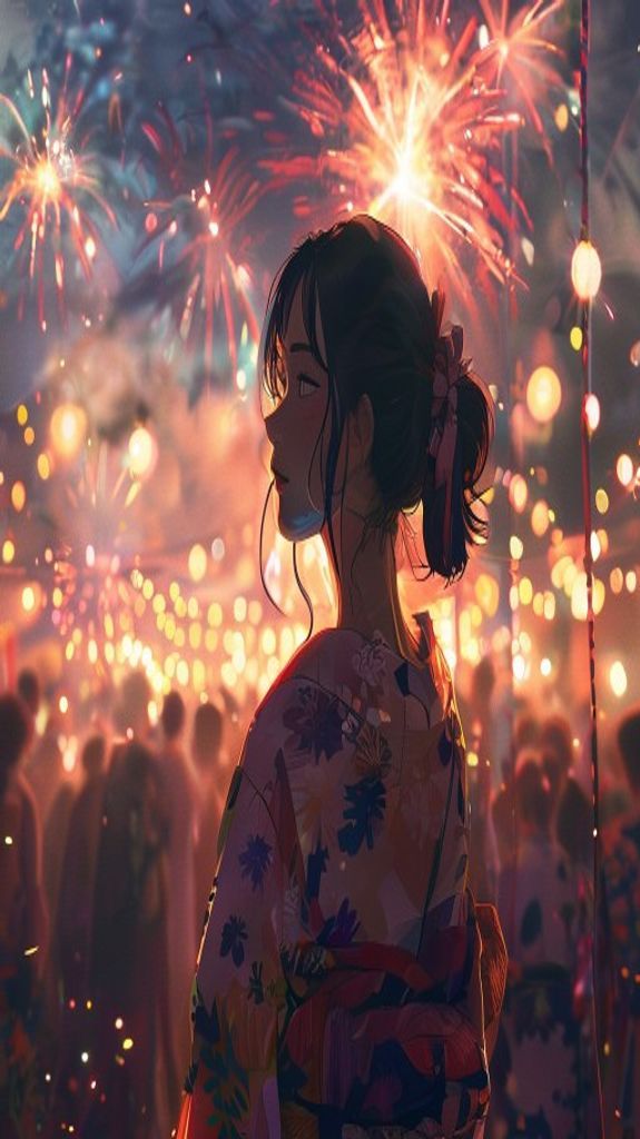 Summer Festival Fireworks Yukata Crowd Photorealistic Wallpaper