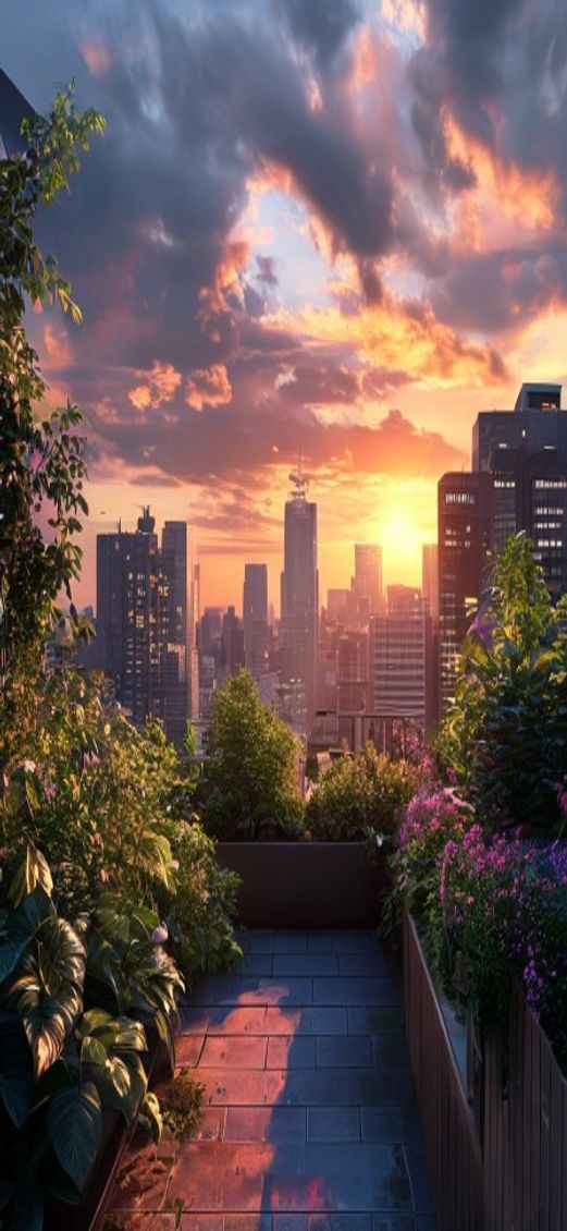Dazzling Rooftop Garden Oasis Above Photorealistic Wallpaper