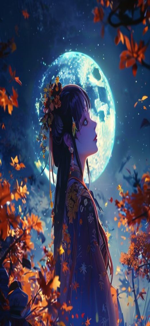 Moonlit Shrine Maiden Anime Mystical Digital art Wallpaper