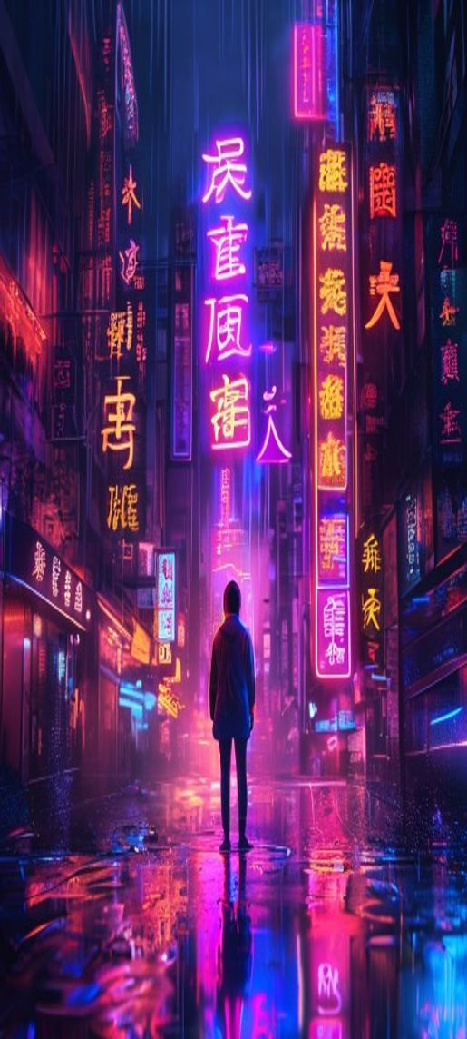 Futuristic Neon Signs Chinese Characters Digital art Wallpaper