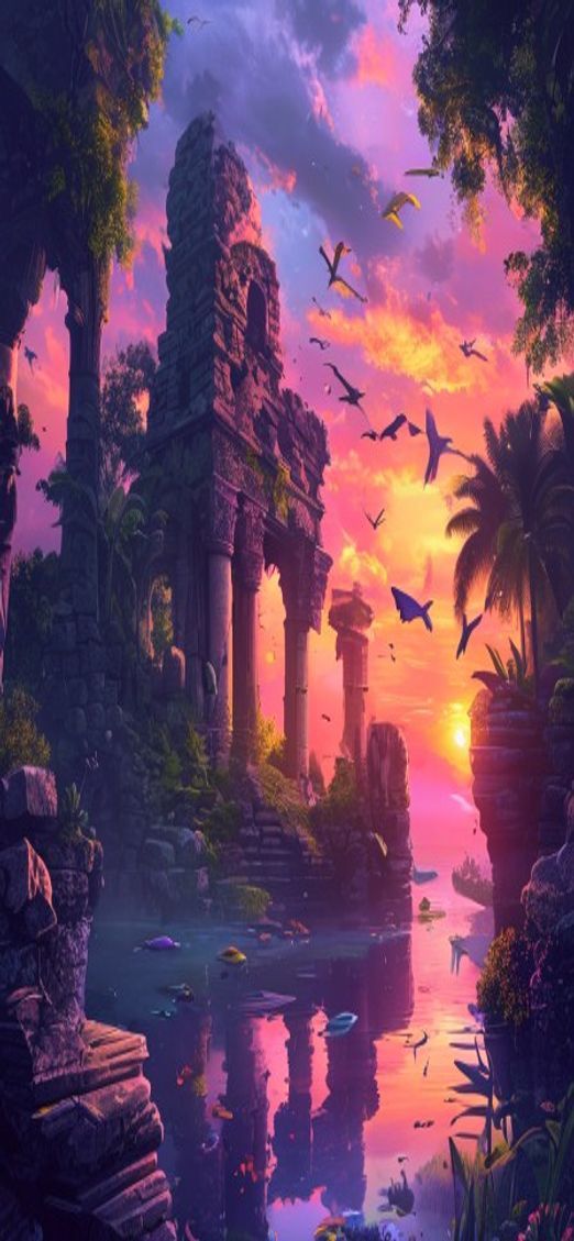 Spectacular Sunken Ancient Temple Fish Digital art Wallpaper