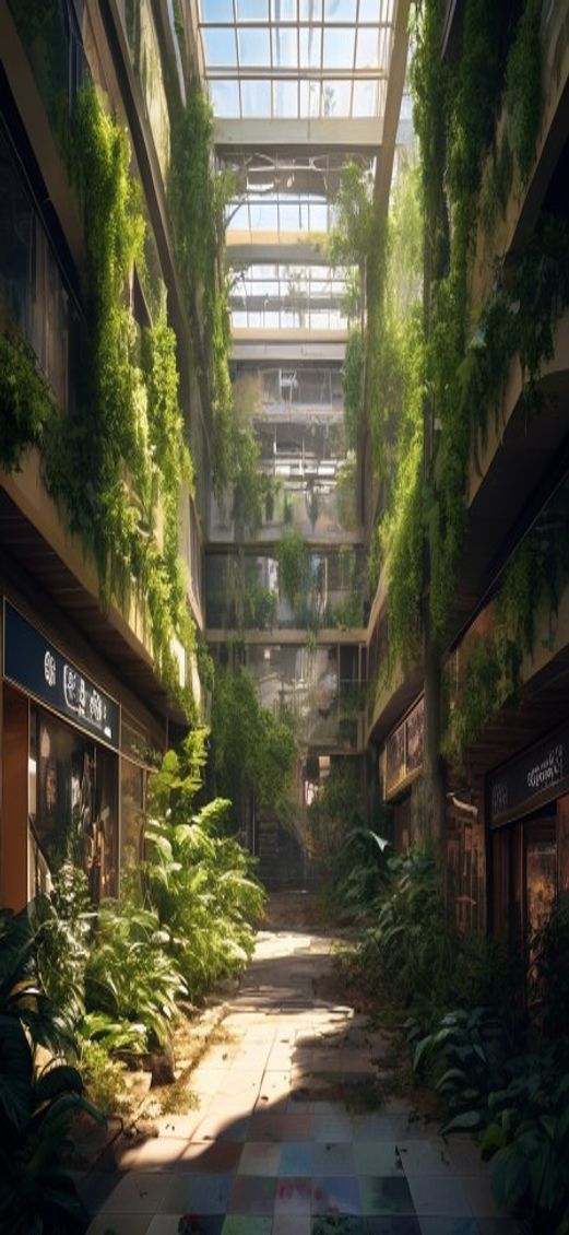 Misty Abandoned Shopping Mall Nature Photorealistic Wallpaper
