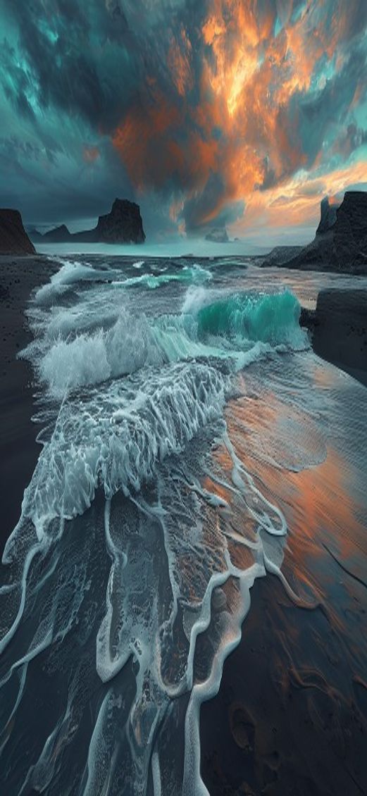 Surreal Icelandic Black Sand Beach Photorealistic Wallpaper