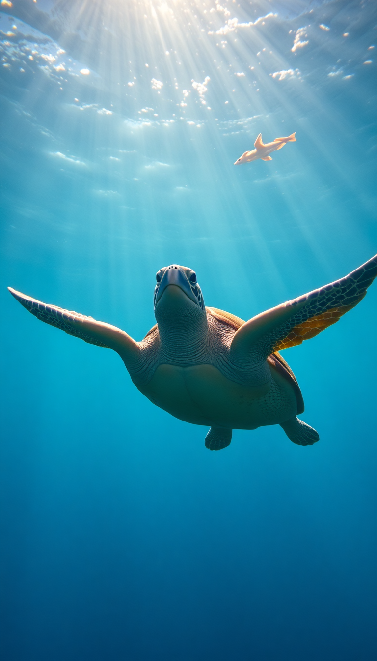 Retro Sea Turtle Swimming Sunbeams Photorealistic Wallpaper