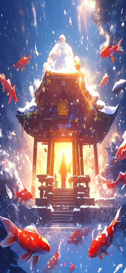 Icy Underwater Shrine Koi Fish Anime Wallpaper