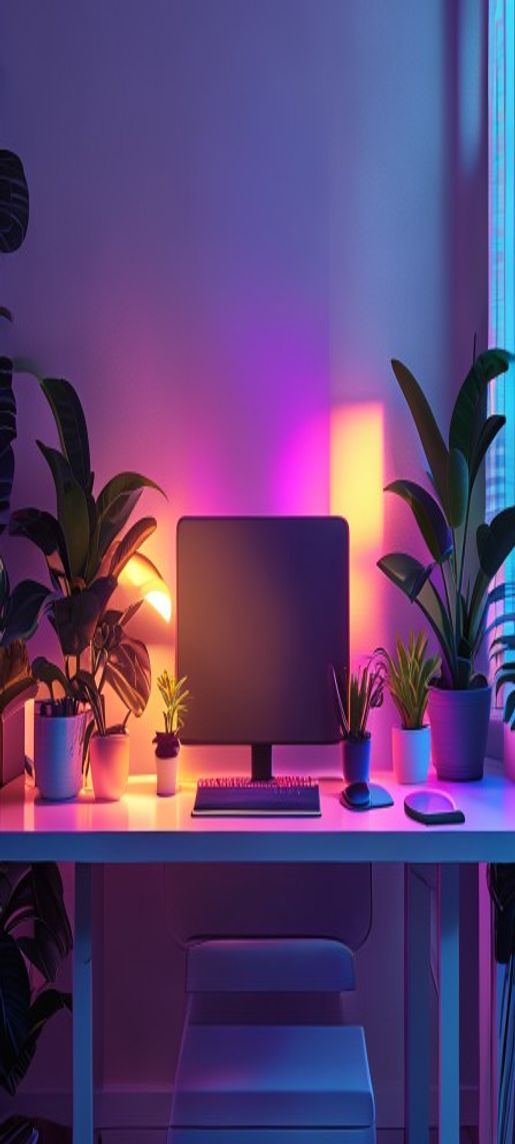 Hazy Minimalist Desk Setup Plants Photorealistic Wallpaper
