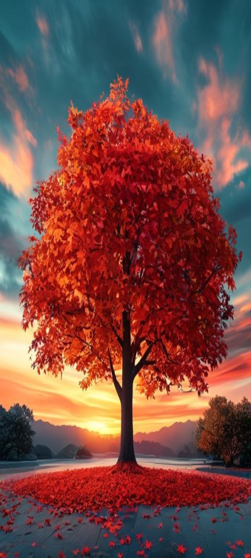 Japanese Maple Tree Autumn Red Photorealistic Wallpaper