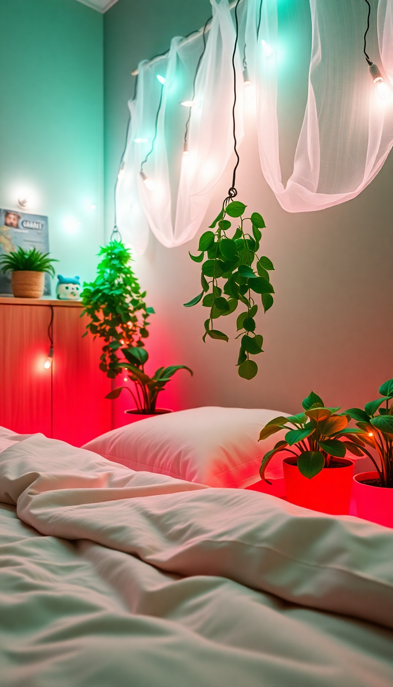 Indie Bedroom Fairy Lights Plants Aesthetic Wallpaper