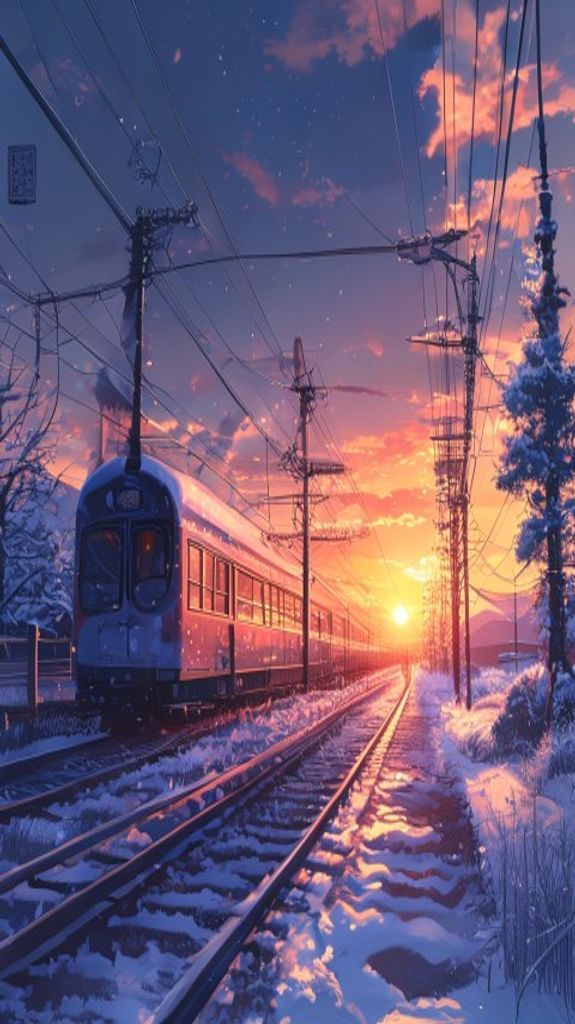 Luminous Train Crossing Rural Japan Anime Wallpaper