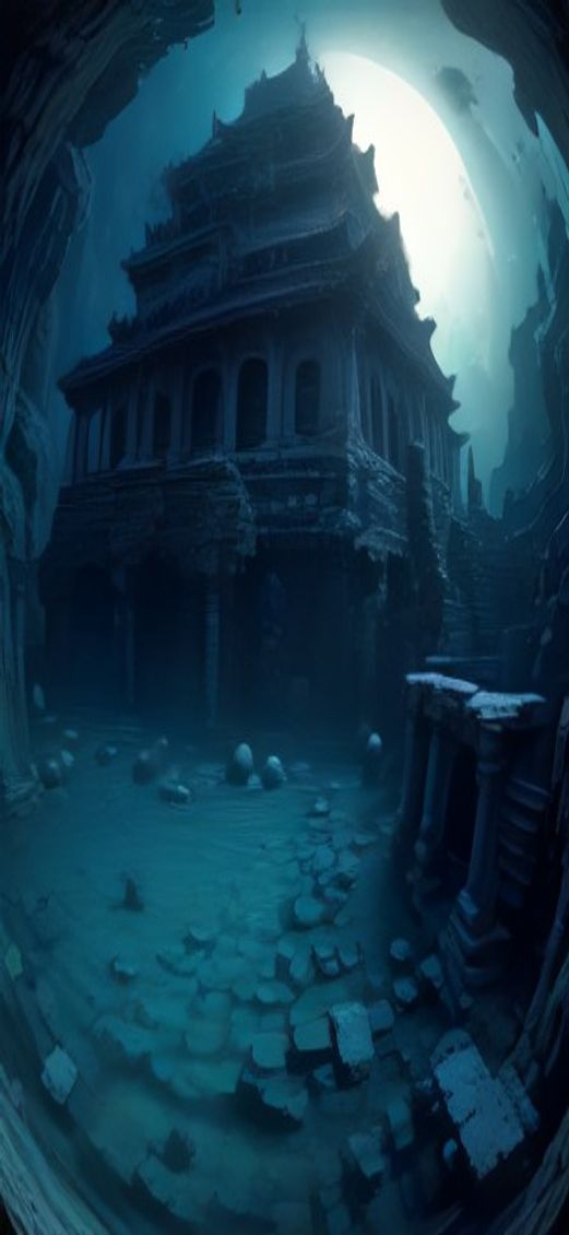 Crisp Sunken Ancient Temple Fish Digital art Wallpaper