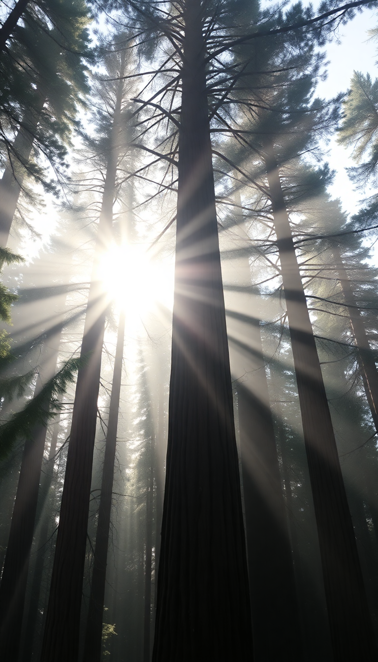 Golden Giant Redwood Trees Morning Photorealistic Wallpaper
